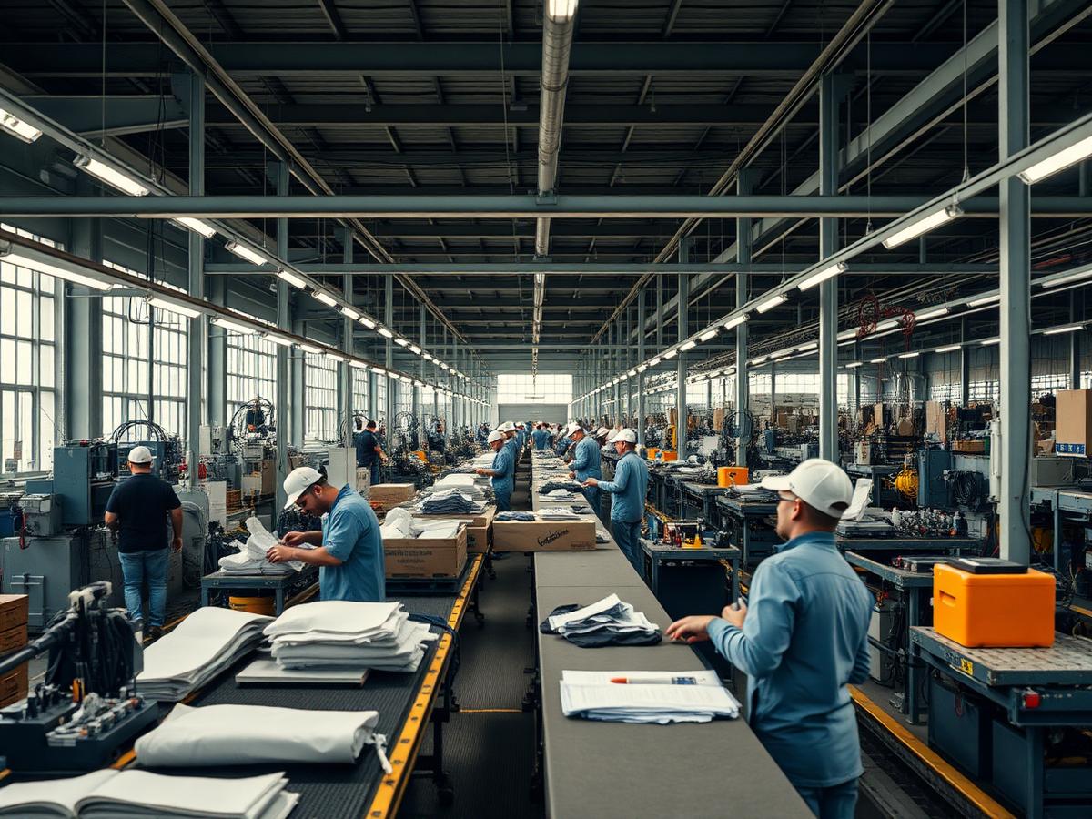 Manufacturing production line with operators at work