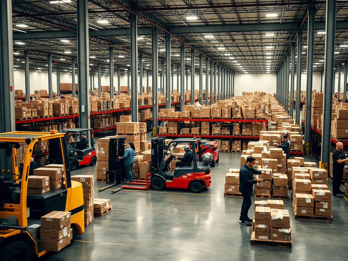Logistics distribution centre with forklifts and staff