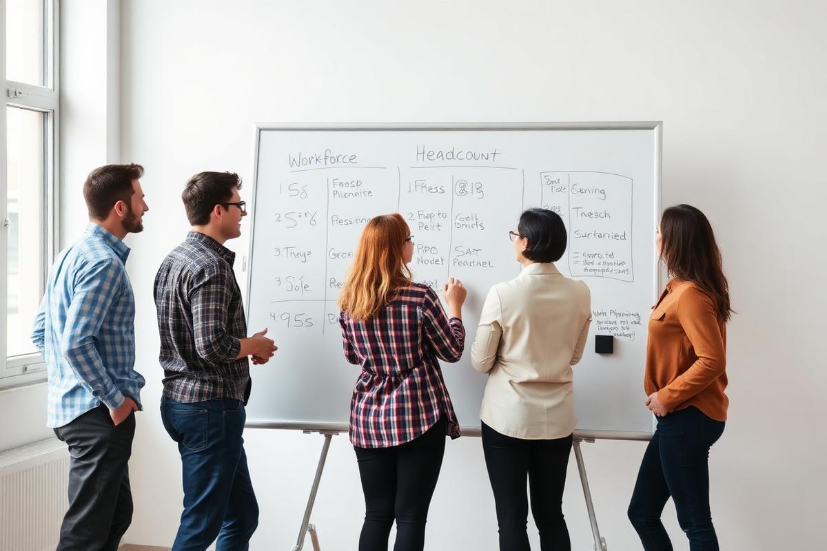 A team planning headcount at a whiteboard